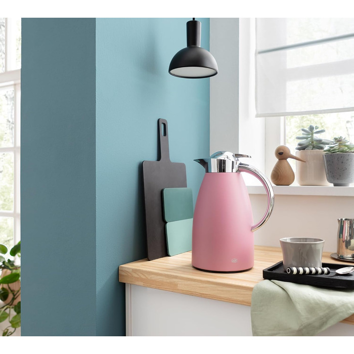 Термос Alfi SIGNO 1.0л, сатиновий сріблястий, з нержавіючої сталі з гігієнічним скляним вкладишем, кришкою з поворотним механізмом та зручною кнопкою, ергономічна ручка, для використання однією рукою, ідеальний для кави та чаю (Romantic Rose Mat)