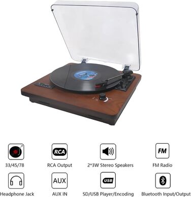 Вініловий програвач із Bluetooth, динаміками, FM-радіо, USB/SD, 33/45/78 об/хв, RCA/AUX, горіх