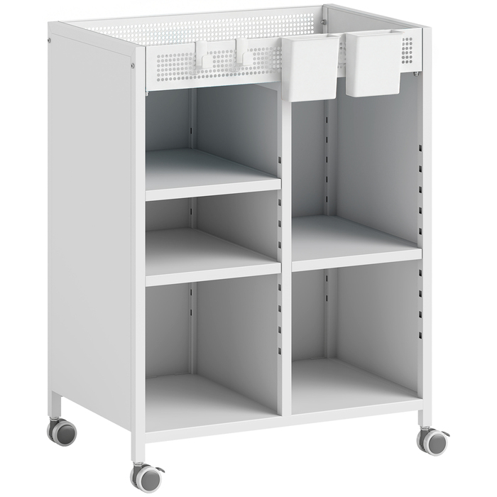 Мобильна полиця для книг на коліщатках, 4 яруси, регульовані полиці та підвісні кошики для домашнього офісу та вітальні, білий