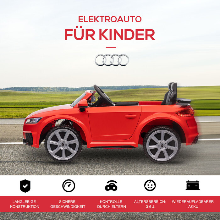 Електромобіль HOMCOM для дітей Audi 12V з пультом дистанційного керування 2,4G, музикою, звуком клаксона, світлодіодною підсвіткою, USB/MP3-роз'ємом, функцією руху назад, для дітей віком 3-5 років, червоний
