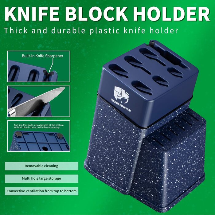 Набір кухонних ножів Fullhi 14 предметів з бруском, набір кухонних ножів, ножі для стейку, кольорова ручка, подарунок для чоловіків та жінок (блакита смола, 14 шт.)