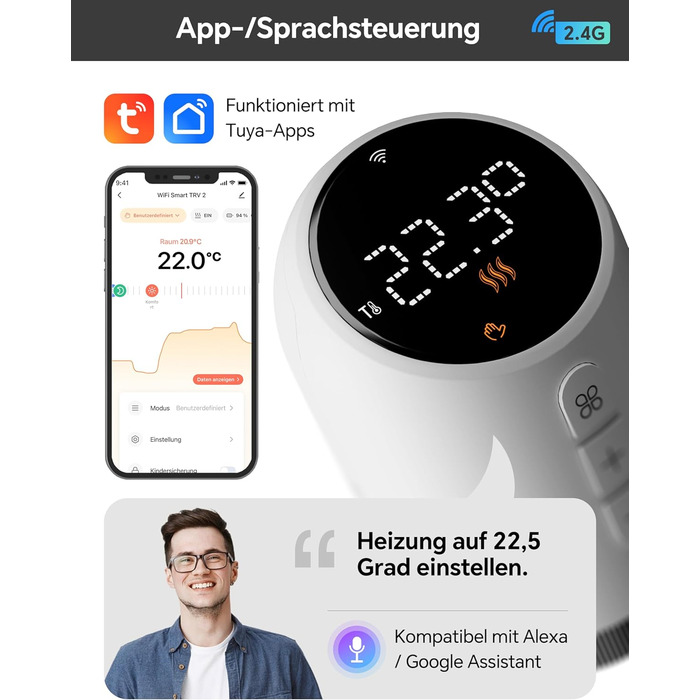 Розумний термостат для радіатора Beok WiFi з керуванням через Tuya, Google Assistant та Alexa, живлення від батарейок