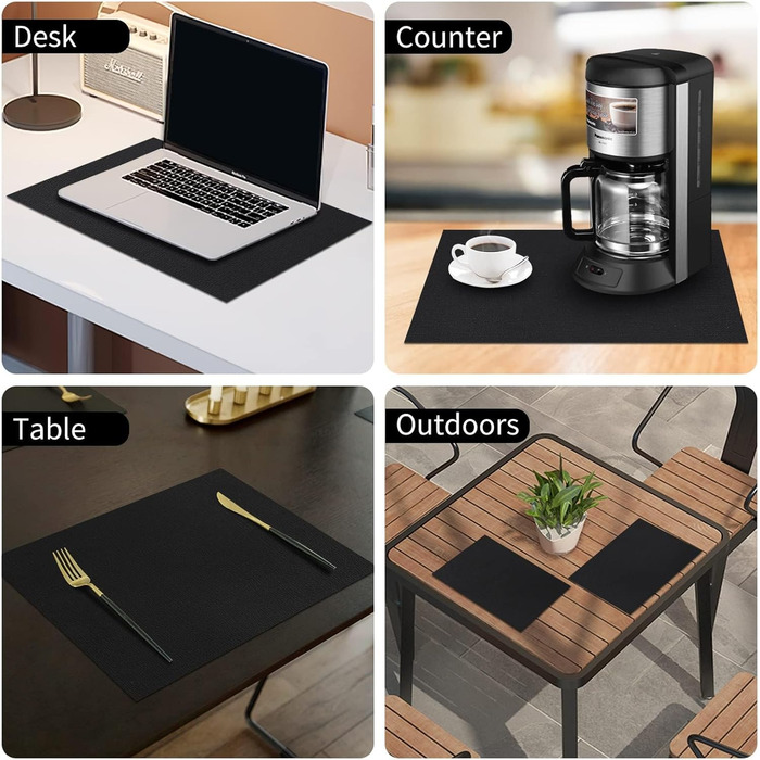 Набір з 6 місць для сервірування столу з штучної шкіри, термостійкі, водонепроникні, легко миються (чорні, 43 x 30 см)