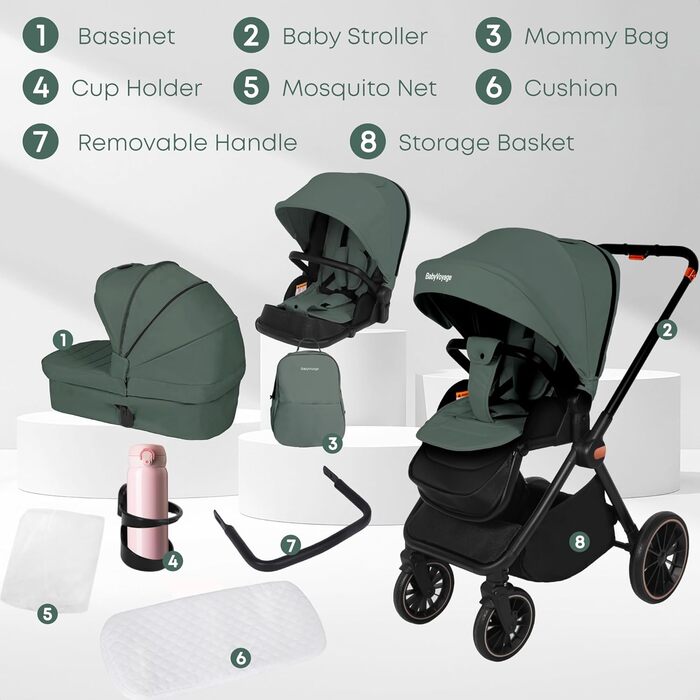 Дитяча коляска 2-в-1 BabyVoyage – комбінована коляска з люлькою та прогулянковим блоком, поворотні колеса 360°, амортизація, регульована ручка, складна конструкція, аксесуари, колір зелений
