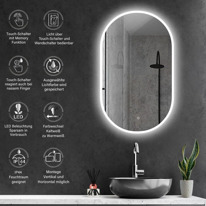 Дзеркало для ванної кімнати овальне з підсвічуванням 75x45 см, LED, сенсорне керування, зміна кольору світла (тепле/холодне/нейтральне)
