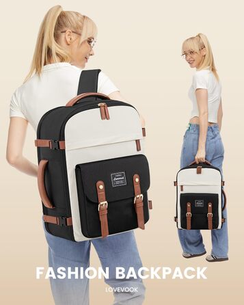 LOVEVOOK Рюкзак для ручної поклажі, жіночий рюкзак для подорожей, водонепроникний рюкзак для ноутбука 17 дюймів, шкільний рюкзак для жінок/студенток, чорний, коричневий (45x32x15 см)