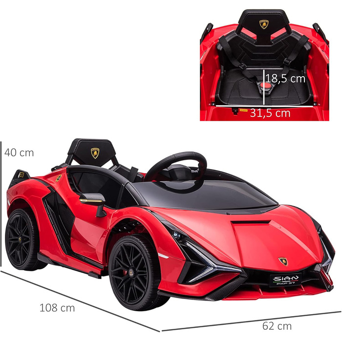 Електромобіль Lamborghini SIAN HOMCOM 12V для дітей, з пультом, музикою (MP3/USB), світлом, металевий, червоний, 108x62x40 см, для дітей 37-60 місяців
