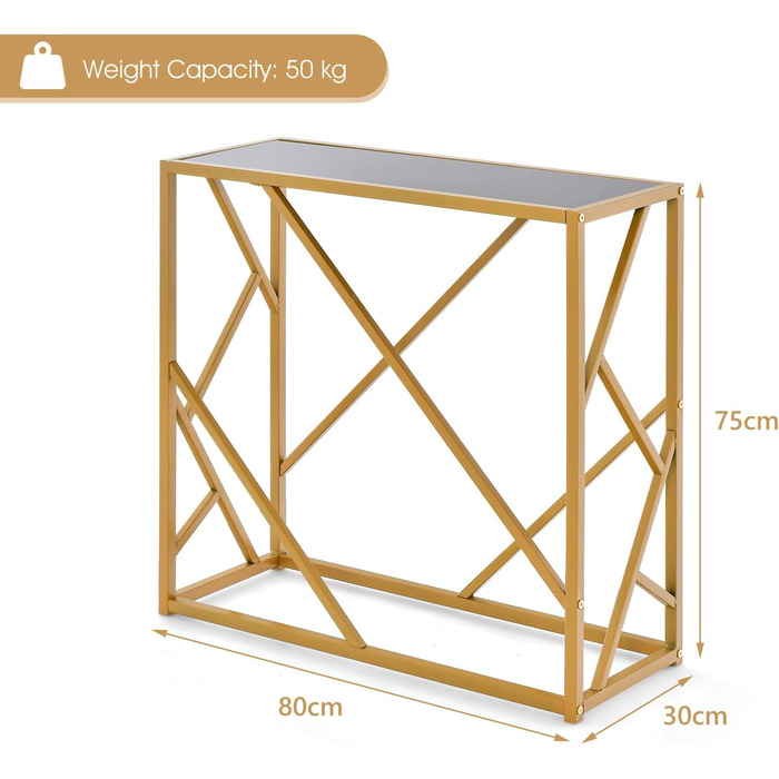 Консольний стіл Gold 80 см, металевий каркас, загартоване скло, для вітальні/передпокою