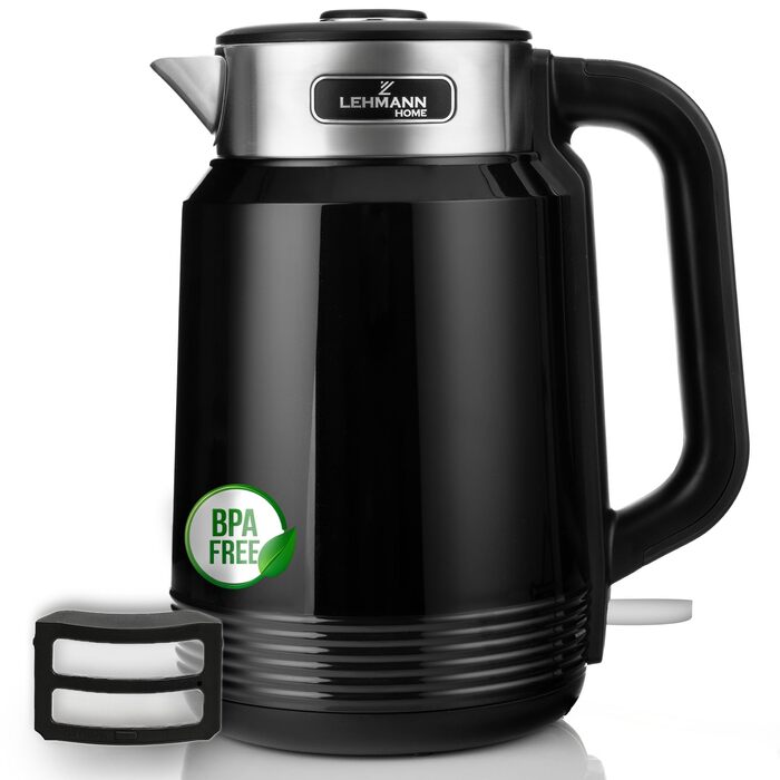 Електричний чайник LEHMANN з нержавіючої сталі 2L, 2200W, швидкий нагрів, подвійні стінки, автовимкнення та захист від перегріву, BPA-free, для великих сімей та офісів, чорний