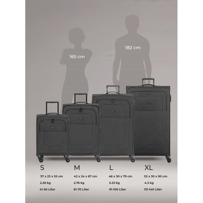 Набір тканинних валіз REDOLZ Essentials 12 (3 шт.), чорні дорожні Trolley з 4-ма подвійними колесами, TSA-замком та функцією розширення