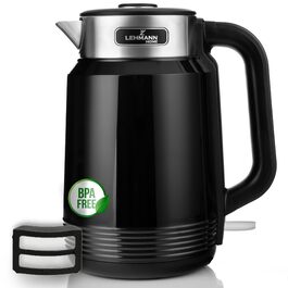 Електричний чайник LEHMANN з нержавіючої сталі 2L, 2200W, швидкий нагрів, подвійні стінки, автовимкнення та захист від перегріву, BPA-free, для великих сімей та офісів, чорний