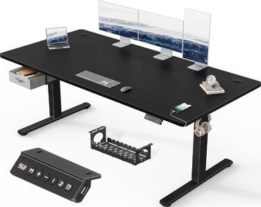 Регульований стіл Devoko 160x80 см з ящиками, USB-порт, органайзер для кабелів, стоячий стіл з пам'яттю положення, білий