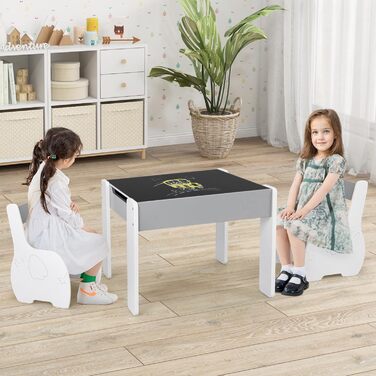 Дерев'яний дитячий стіл з 2 стільцями DREAMADE, 3-х частинний набір меблів для дітей, стіл з двосторонньою поверхнею та місцем для зберігання, набір меблів для хлопчиків та дівчаток (білий, світло-сірий)
