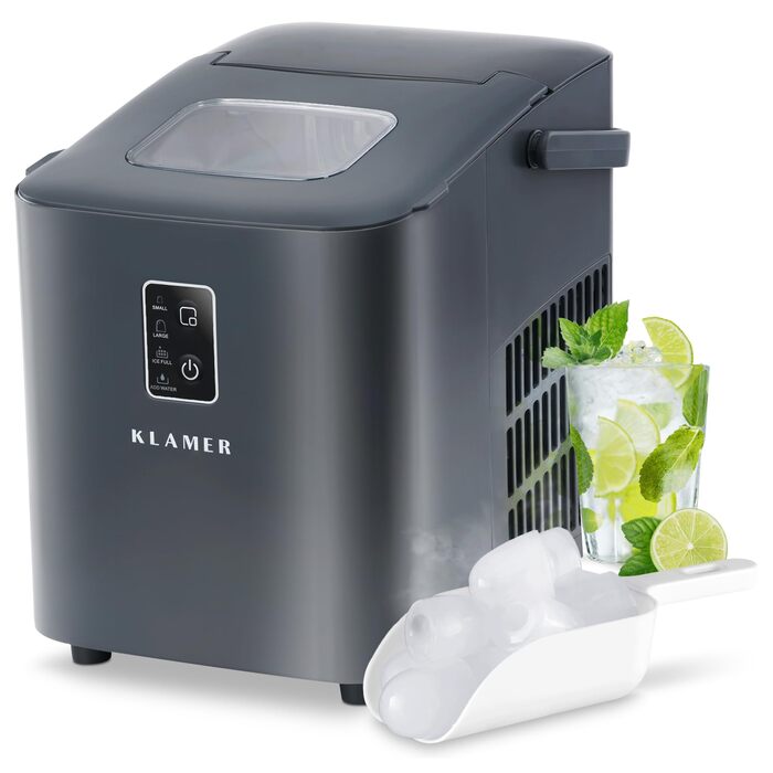 Льодогенератор KLAMER 24 кг/добу, 3 розміри льоду, 2.2л резервуар, 130W, тихий, сірий