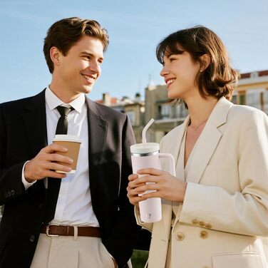 Термокружка-пляшка 1200 мл з трубочкою та антиковзним ручним захопленням, витіканнями запобігає, BPA Free, подвійні стінки, ізоляція для авто, офісу, відпочинку (пастельно-рожевий) біло-рожевий