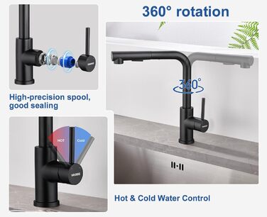 Змішувач WOOHSE Кухонний висувний, кухонний змішувач, що обертається на 360, з душем Висувний змішувач для раковини високого тиску з 2 типами струменя, змішувач з нержавіючої сталі, матовий, змішувач для кухні (Nd-чорний матовий)