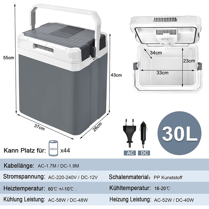 Електричний холодильник YUENFONG 30L Cool Box з колесами Електричний охолоджувач Автомобільний холодильник 12 В 230 В з функцією охолодження та збереження тепла, для подорожей, автомобіля, кемпінгу (30 л)