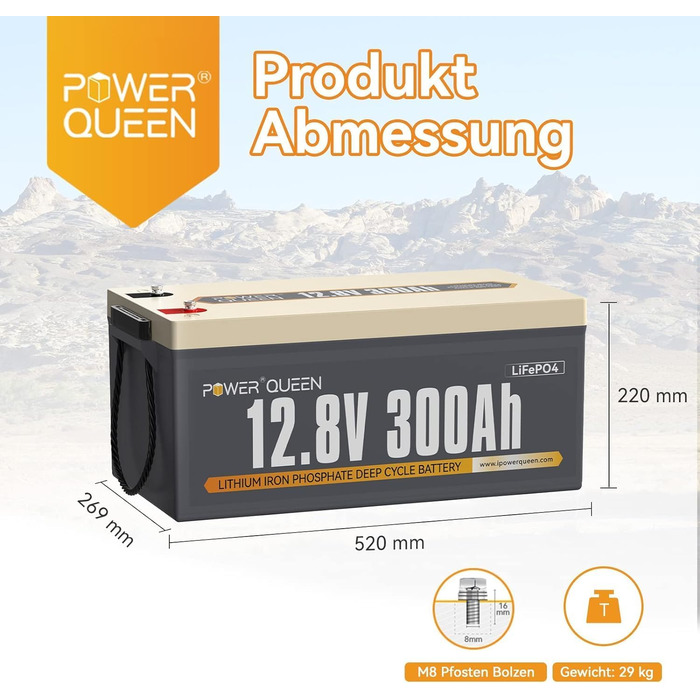 Акумуляторна батарея Power Queen LiFePO4 12.8V100Ah з Bluetooth RV190, понад 4000 часу глибокого циклу, довговічна батарея, ідеальна для автофургонів, автофургонів, тролінгового мотора та кемпінгу (12V300Ah)