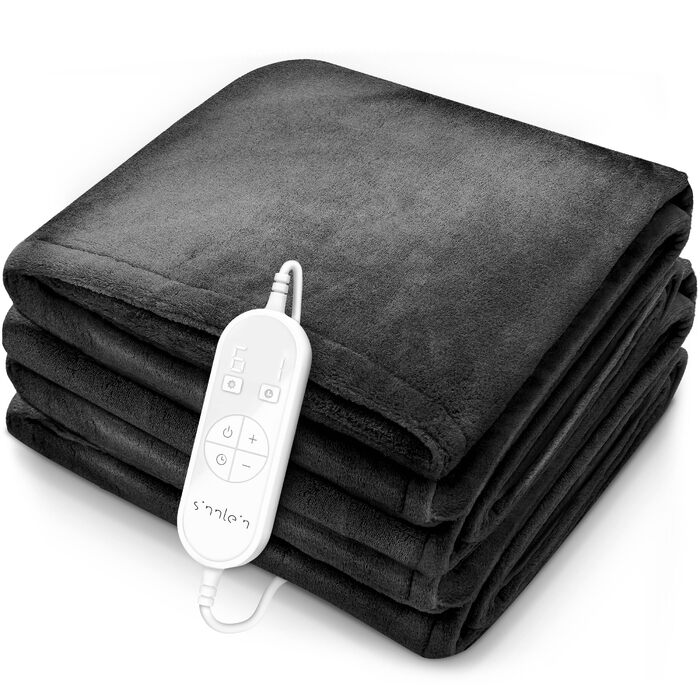 Електрична гріюча ковдра з плюшу 200 x 180 см з таймером та 9 рівнями нагріву, відключається автоматично, антрацит