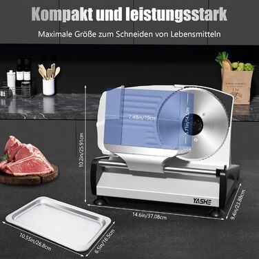Електричний слайсер YASHE 200W з нержавіючою сталлю, 19 см, регулювання товщини 0-15 мм, для м'яса, сиру, хліба та овочів