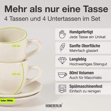 HOMEBERLIN® Barista Pro: Набір еспресо-чашок (4 шт.) 80 мл - Преміум якість, ручна робота, з підставками