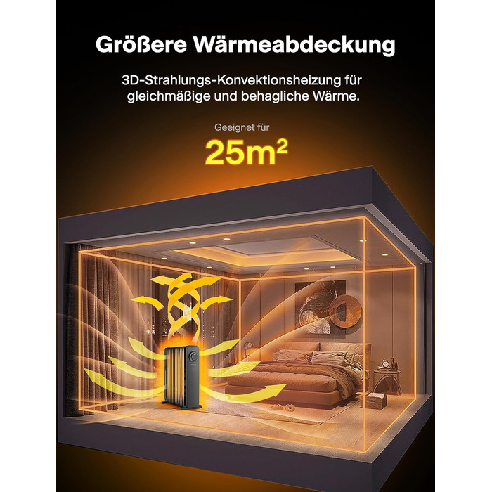 Масляний радіатор PELONIS 2500 Вт, електричний обігрівач 13 ребер з термостатом, масляний радіатор Енергозберігаючий з 3 рівнями потужності та захистом від перегріву для спальні Офіс Чорний 13 ребер Механічний