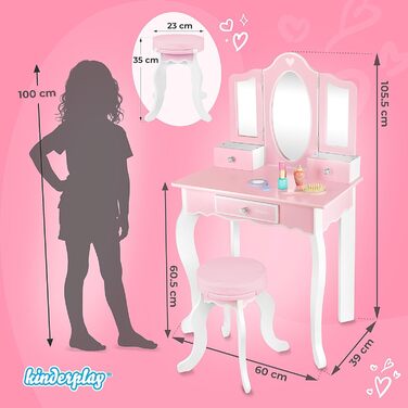 Дитячий туалетний столик Kinderplay Green з дзеркалом та стільчиком – Рожевий комплект для гри та макіяжу