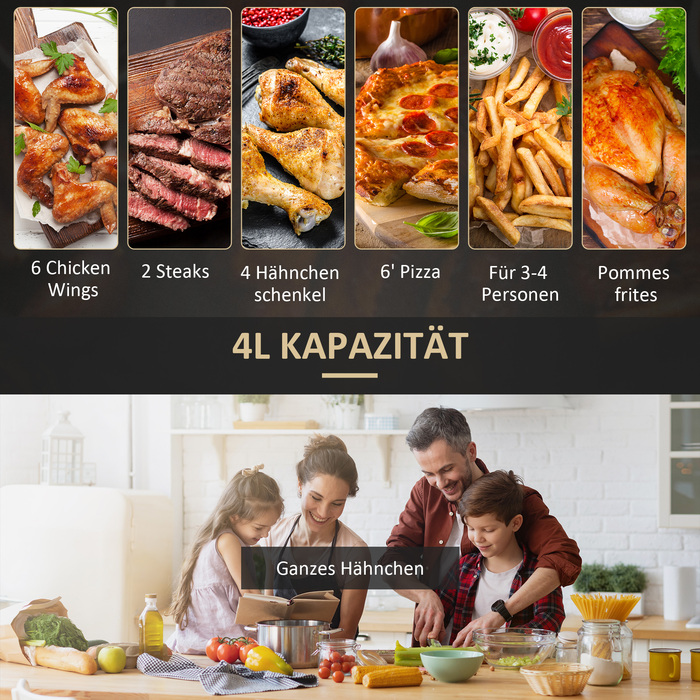 HOMCOM Горизонтальний фритюрниця з гарячим повітрям на 4 л, Airfryer з 12 програмами, таймером на 60 хв, антипригарним кошиком, 1300 Вт фритюрниця без олії, з захистом від перегріву, LED-сенсорним дисплеєм, Чорний | Aosom