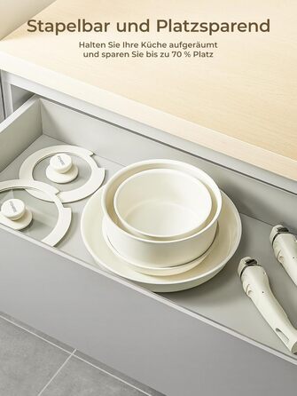 Набір посуду FOHERE 8 предметів: каструлі та сковороди з 2 знімними ручками, сковорода 20/28 см, каструлі 2.6/1.4 л, підходить для всіх плит (індукція), безпечний у духовці та посудомийній машині, бежевий