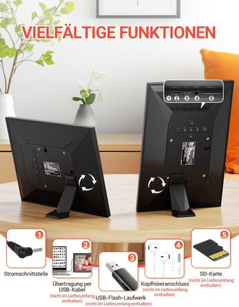 Цифровий фоторамка OBVHNUA 10.1 дюйма з IPS екраном (1280x800) та пультом, USB/SD (128GB), автоповорот, відтворення фото/музики/відео