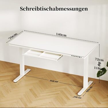 Регульований за висотою стіл JUMMICO, електричний стіл з ящиком, 120x60 см, стіл для стоячи/сидячи, Standing Desk для дому/офісу, білий (140 x 70 см, білий)