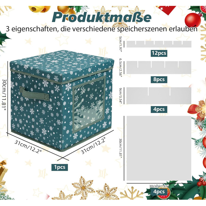 Коробка для зберігання новорічних прикрас, 166 відділень, з регульованими перегородками, кришкою та ручками, 31x31x30 см, червона, принт сніжинки, білий фон