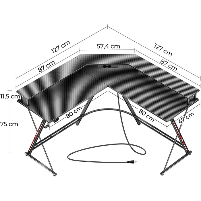 Ігровий стіл SEVEN WARRIOR з LED підсвіткою, розетками, полицею для монітора, 2 гачками, ергономічний кутовий стіл L-подібної форми (127см)