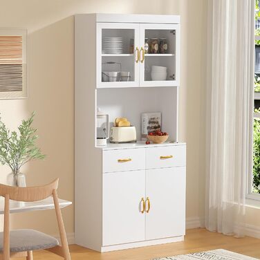 Кухонна шафа VOWNER з робочою поверхнею, буфет на 4 дверцята, шафа-вітрина, буфет з регульованими полицями, 80 x 40 x 180 см, для кухні, вітальні, офісу, їдальні (білий)