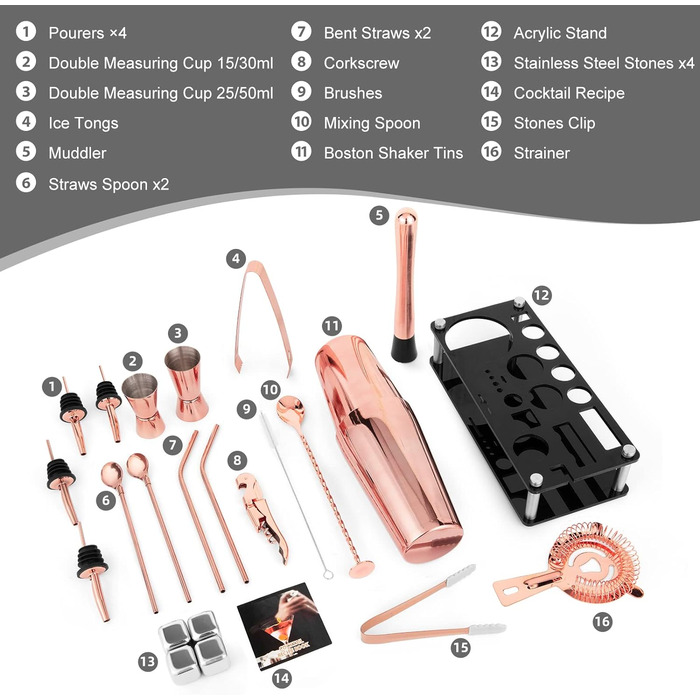 Набір шейкерів для коктейлів, 23 предмети Набір бармена з бостонської нержавіючої сталі з акриловою підставкою та буклетом рецептів коктейлів, професійні барні інструменти для змішування напоїв, дім, бар, вечірка - Золота троянда