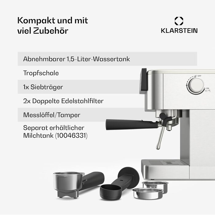 Klarstein SteelPresso Touch: Еспресо-машина з нержавіючої сталі, 20-бар, 1350 Вт, з інтегрованим капучинатором та сенсорним дисплеєм