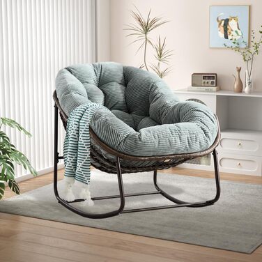 Крісло-гойдалка LIFEISLE з ротангу, крісло-шезлонг для дому та саду, крісло-гойдалка у формі яйця для вітальні, балкону, саду, на вулиці та в приміщенні, Cord White, білий (тканина Cord, світло-зелений)