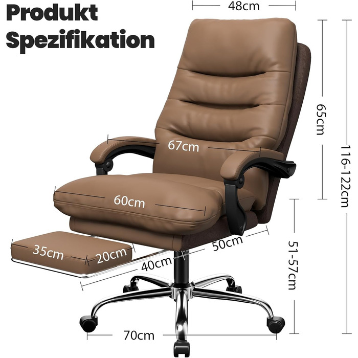 Ергономічне крісло для офісу Naspaluro з підніжкою, комп'ютерне крісло з подвійним шаром подушок, високою спинкою, функцією відкидання, регулюванням висоти, PU-шкіра, до 150 кг (колір: коричневий, штучна шкіра)