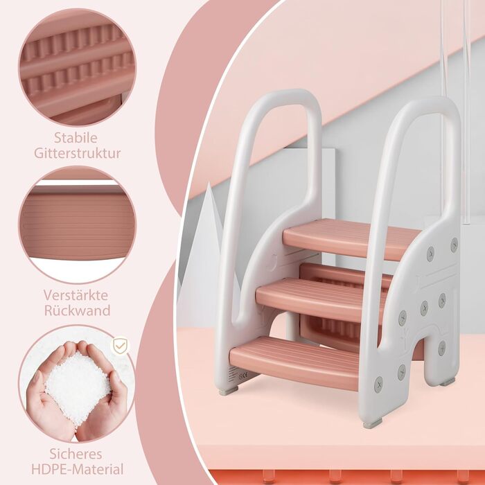Дитячий триступеневий табурет-сходинка COSTWAY, регульована висота, знімний верхній щабель, неслизьке покриття, 50 кг, рожевий