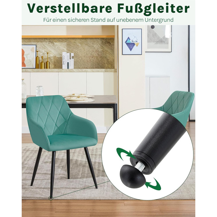 Набір обідніх стільців Woltu з підлокітниками та спинкою, для вітальні, кухні, їдальні. М'які стільці з оксамитовим покриттям, металеві ніжки, (Турквіс, 8 шт.)