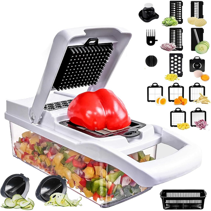 Багатофункціональний набір для нарізки овочів 22-в-1: спіралізатор, тертка, нарізач цибулі та картоплі, з контейнером 1.2л та друшляком (білий)