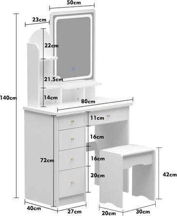 Туалетний столик зі світлодіодом, дзеркало, 5 ящиків, табурет, білий, МДФ, 80x40x140 см