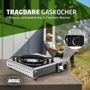Газовий балонний пальник Amig CAMP01 з 1 конфоркою, вбудованим вітрозахистом та нержавіючою сталею, 2.2 кВт, сумісний з картриджами B-250