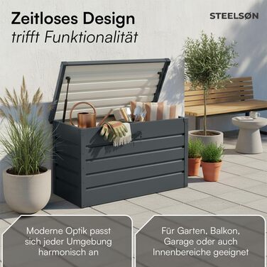 Скриня для саду STEELSØN Dorado 270л, металева оцинкована, водонепроникна, з замком та відкидною кришкою, антрацит - для балкона, тераси, саду 120x62x63 см