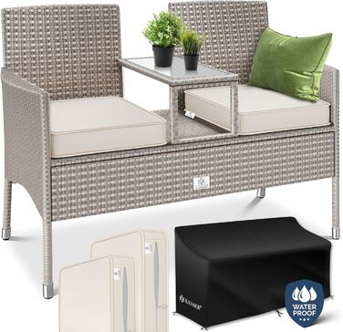 Садова банкетка KESSER® з ротангу на 2 особи з інтегрованим столиком, 143×63×88 см - стійка до погодних умов, комплект з подушками та чохлами (сірий)