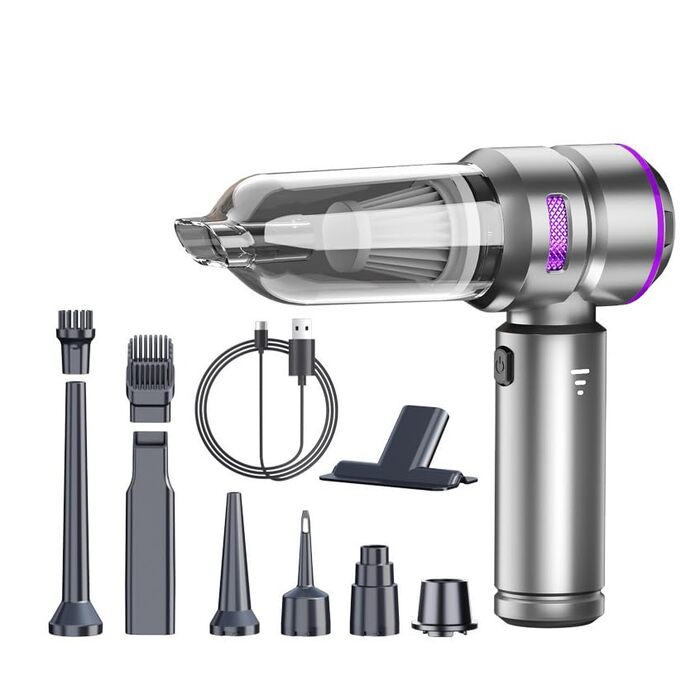 Ручний бездротовий пилосос для авто та дому, 25000 Па, з мийним HEPA-фільтром, потужний акумуляторний пилосос-продувачка, сріблястий