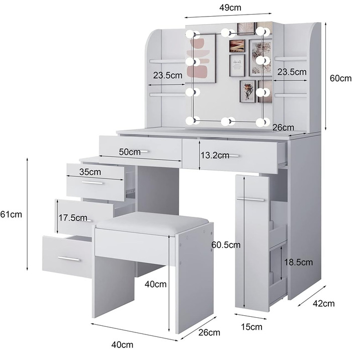Туалетний столик Senvoziii з лампочками і розсувним дзеркалом, 5 ящиків, 6 полиць, табурет, білий