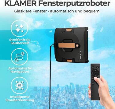 Робот-прибиральник вікон KLAMER 3500 Pa – автоматичний мийник вікон з резервуаром для води 100 мл, функція вологого прибирання, розпізнавання країв, тиха робота 60 дБ, захист від падіння та інтелектуальне планування маршруту (Чорний)