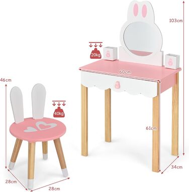 Дитячий туалетний столик LIFEZEAL 2 в 1 з дзеркалом та табуретом, рожевий, з шухлядами