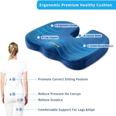 Подушка для офісного крісла Saireider, Memory Foam, для болю в куприку, для автомобіля, для ішіасу, підтримка правильної постави (Темно-синій)